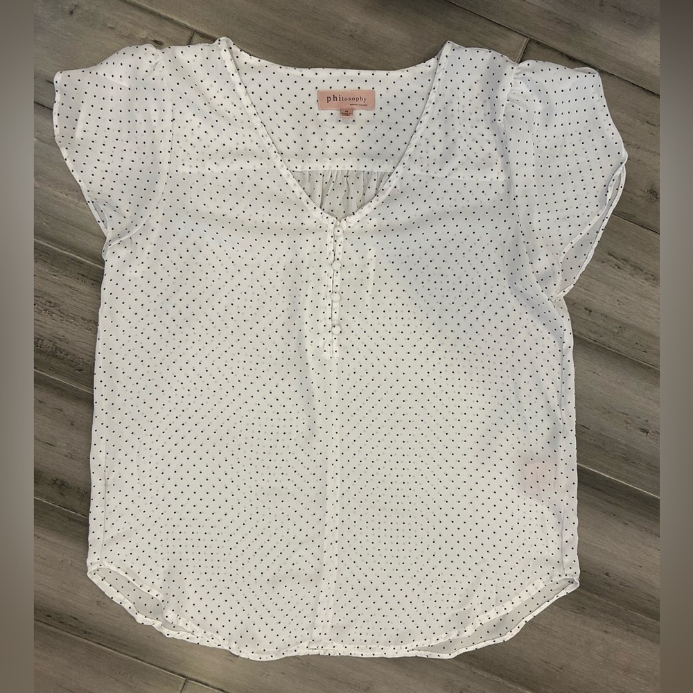 Tulip Short Sleeve Button-Up Top, Medium, Women, White/Black dots